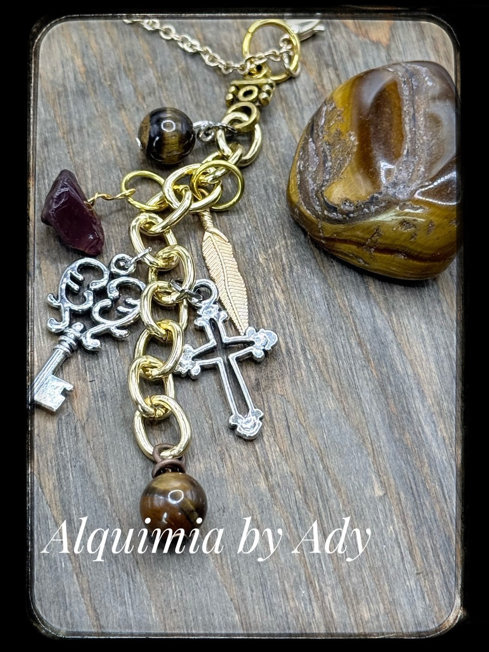 Gold & Silver Cross and Key Charm Necklace with Brown Tigerโs eye Beads